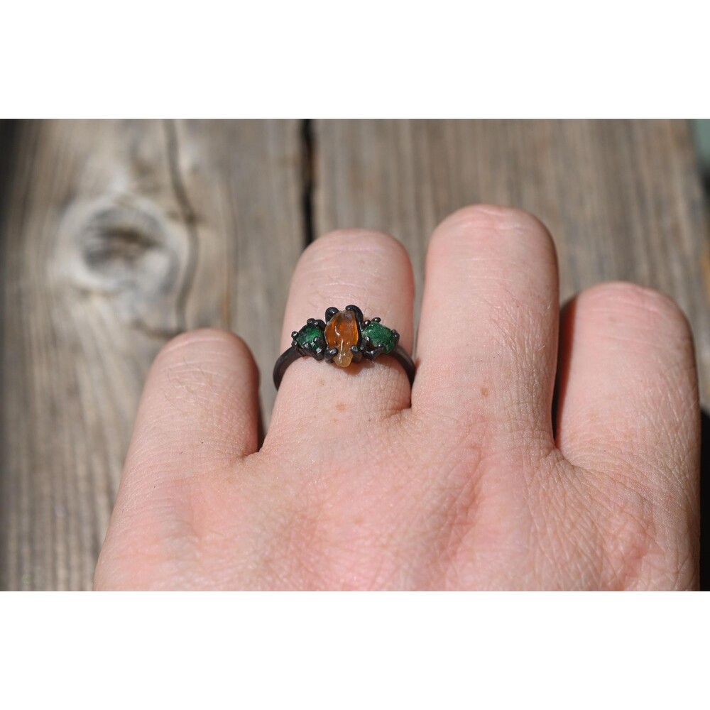 Handcrafted Emerald and Citrine Ring in Dark Silver Band – Unique Bohemian Gemst - Picture 2 of 4